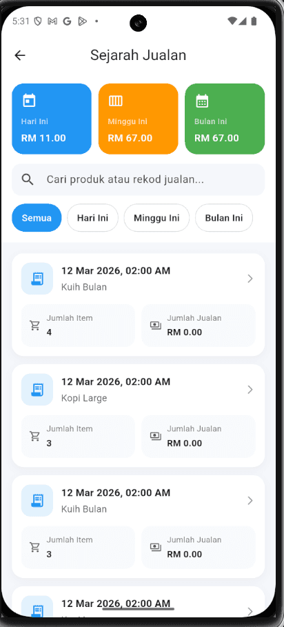 GeraiSmart sales history screen with daily, weekly and monthly totals and searchable transaction records