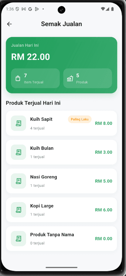GeraiSmart sales check screen listing today's sold products with quantity and price