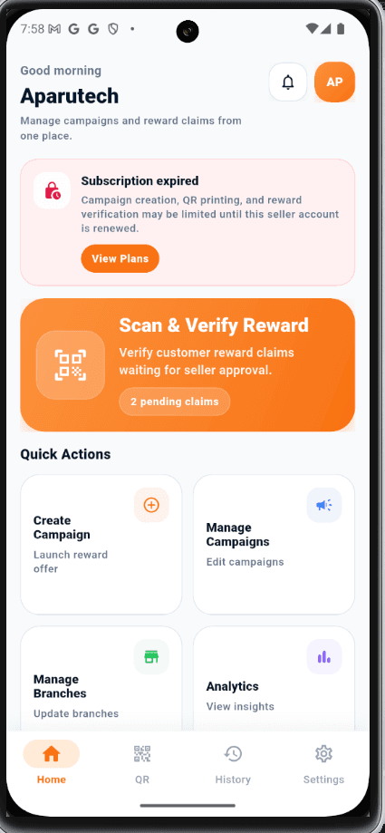 GoLoyal seller dashboard showing campaign management, reward verification, and branch analytics