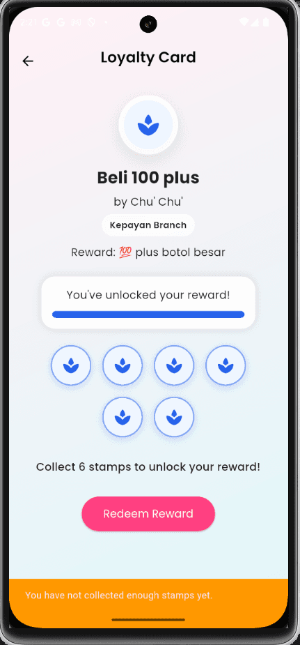 GoLoyal customer loyalty card showing stamp progress toward a reward