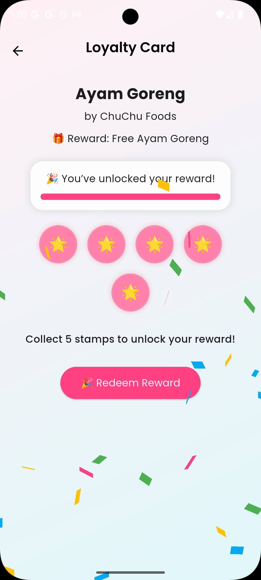 GoLoyal customer loyalty card showing an unlocked reward redemption