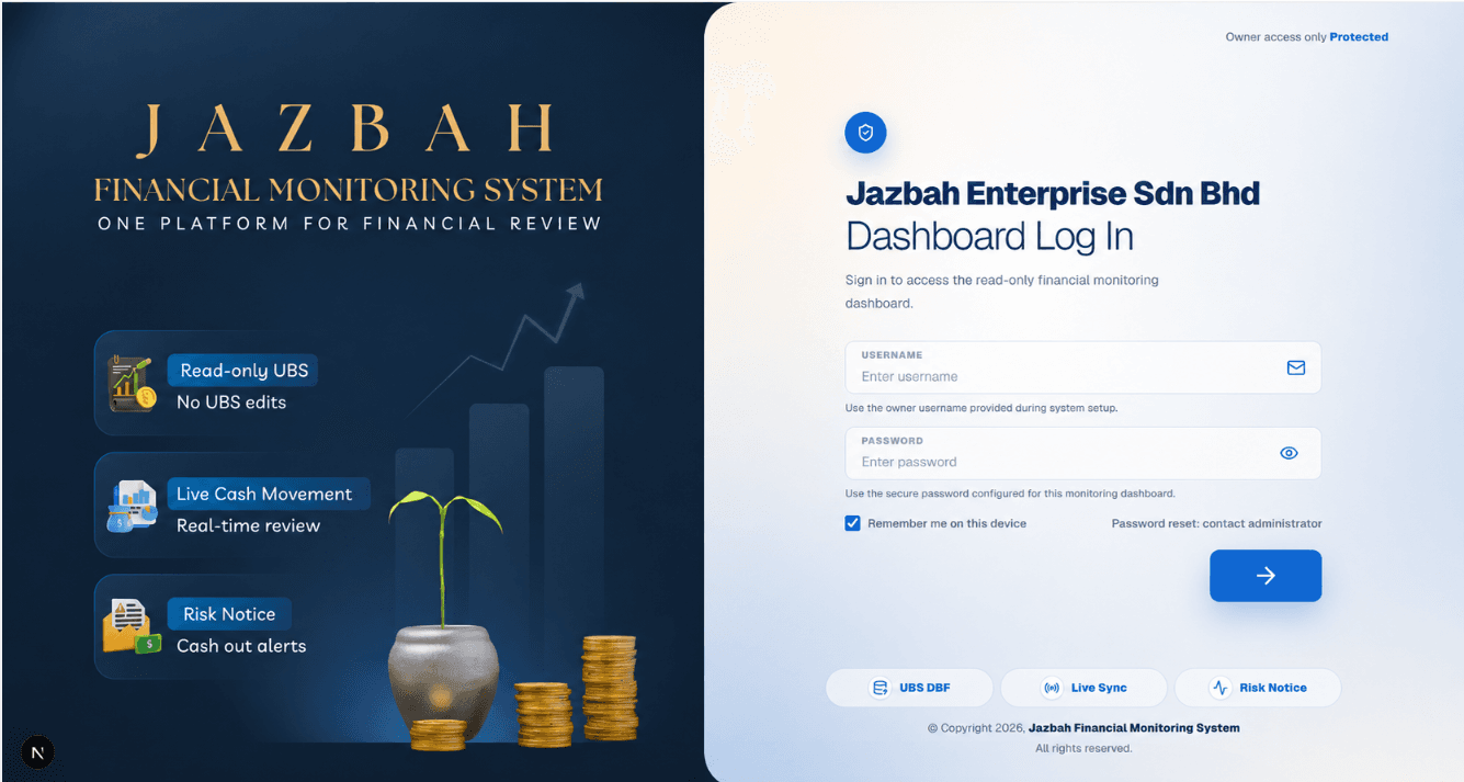 Jazbah Financial Monitoring System owner login screen for the read-only monitoring dashboard