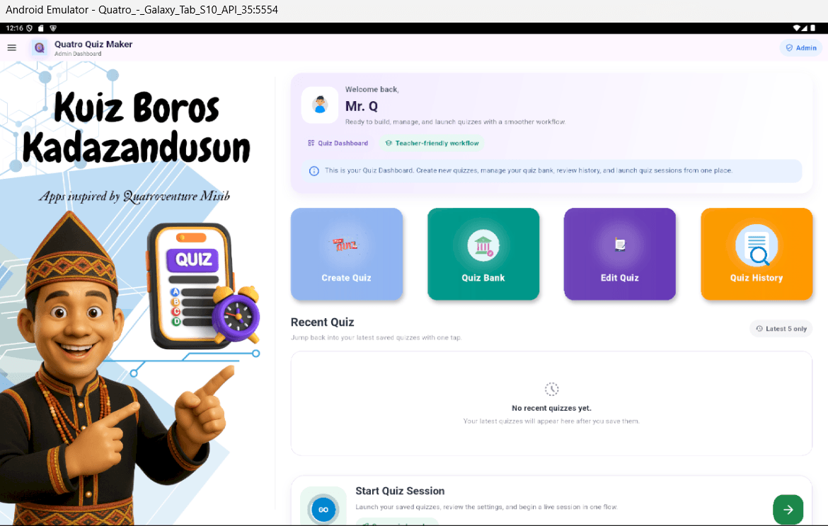 Kuiz Boros Kadazandusun admin dashboard with quiz creation, quiz bank, edit quiz and quiz history tools