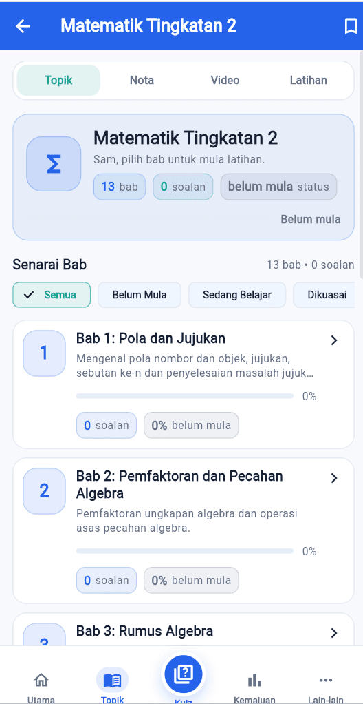 StudyQuest chapter list screen for Mathematics with progress tracking per chapter
