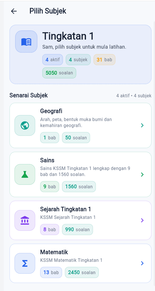 StudyQuest subject selection screen showing available subjects and question counts