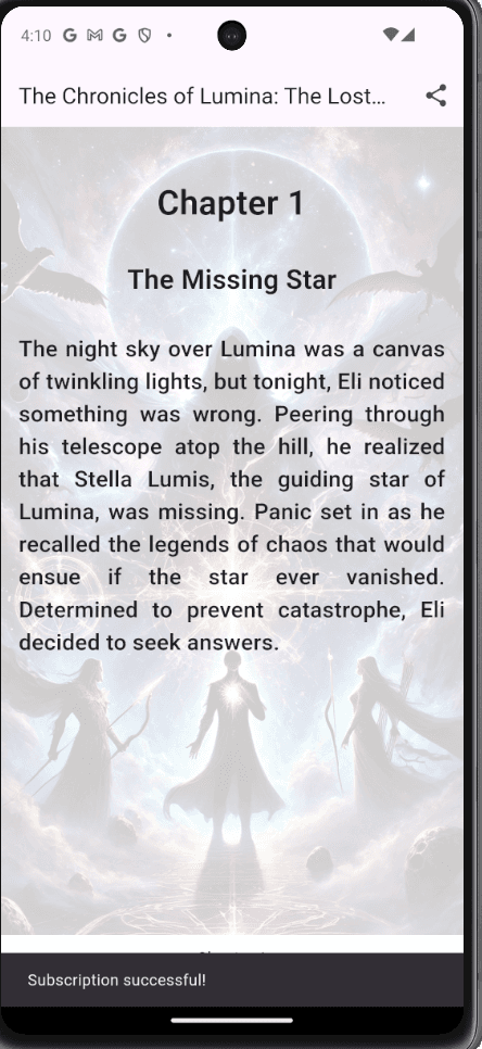 Tangon reading screen showing a book chapter with illustrated cover art