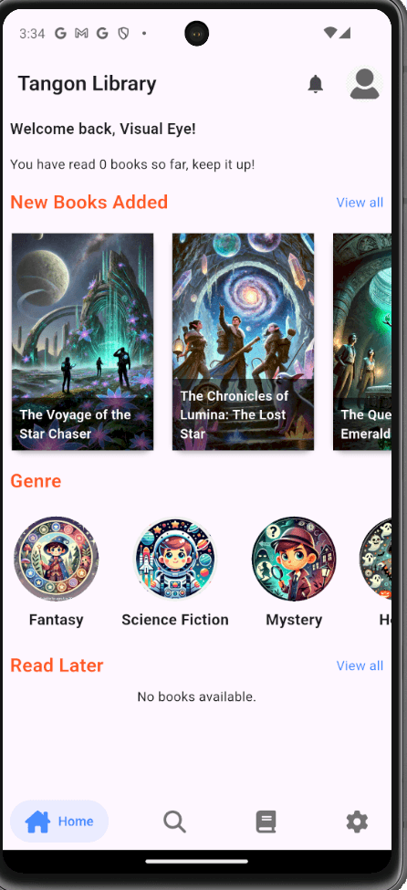 Tangon Library home screen with new books added, genre selection and read later list