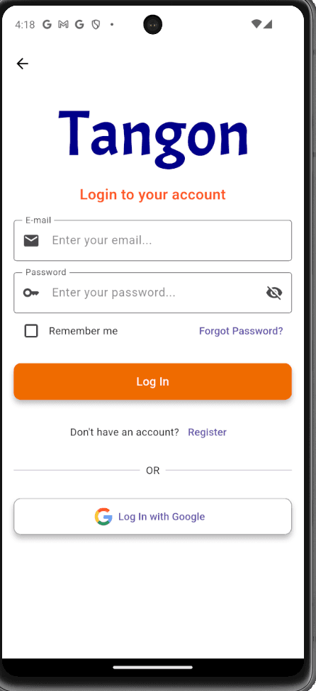 Tangon login screen with email and password sign-in and Google login option