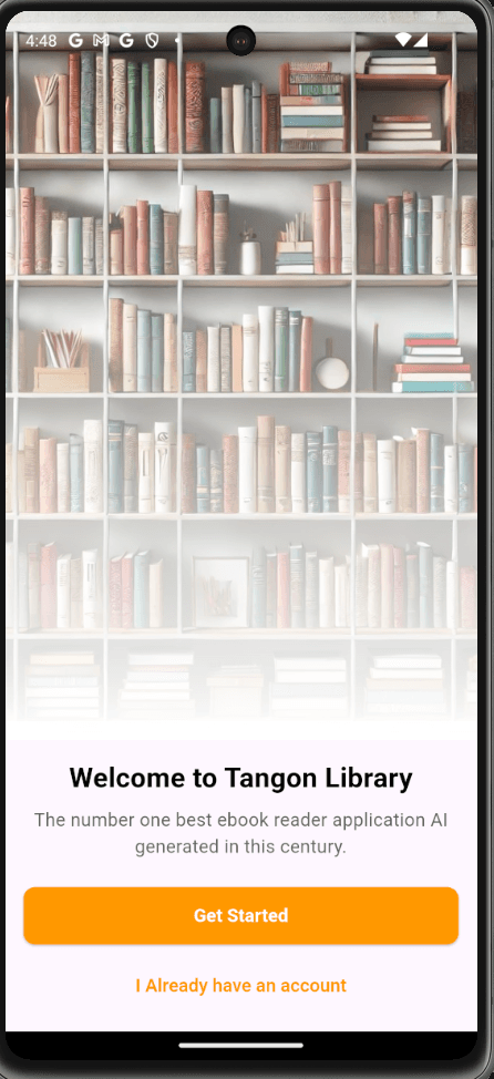 Tangon Library welcome screen introducing the ebook reader app