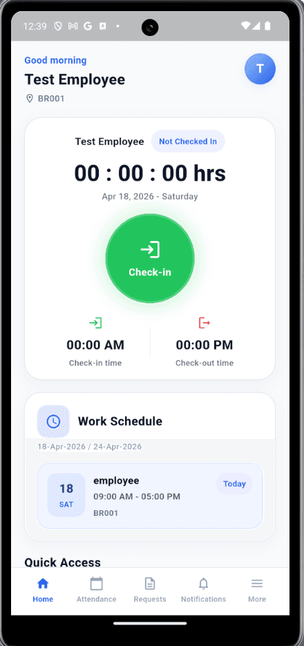 TraxTeam home screen with check-in action and today's work schedule