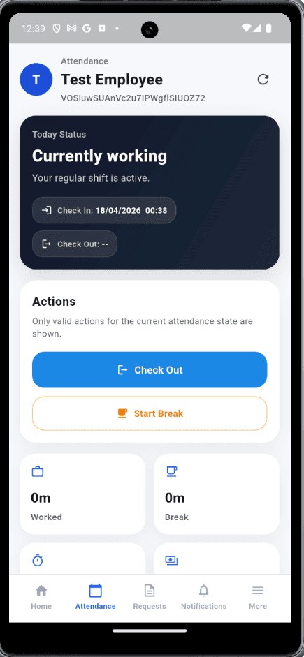 TraxTeam attendance screen showing an active shift with check-out and break actions