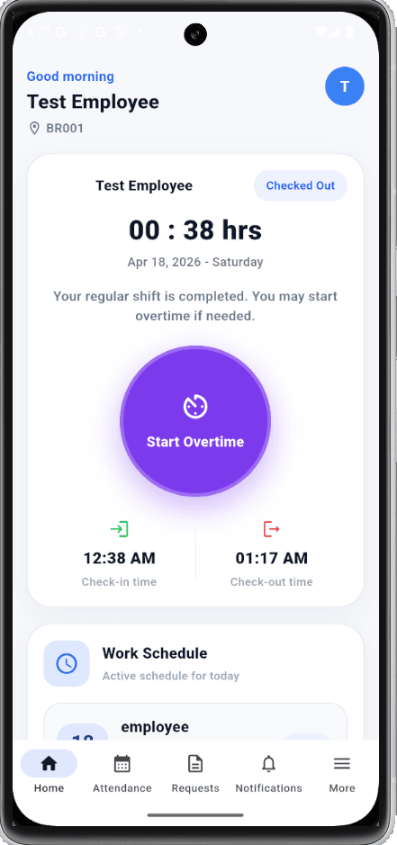 TraxTeam home screen after check-out with completed shift hours and overtime option