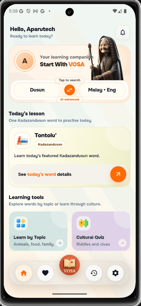 VOSA home screen with Kadazandusun-Malay-English dictionary search and daily lesson