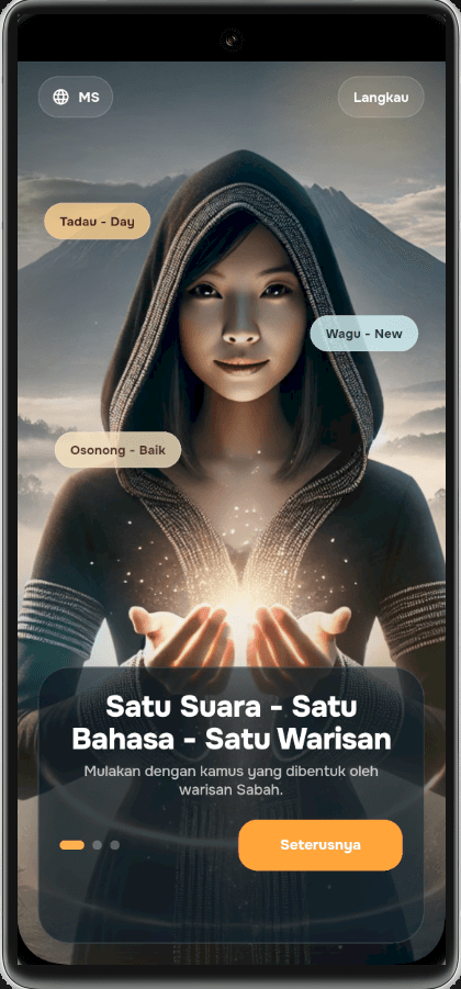 VOSA onboarding screen introducing the Kadazandusun dictionary app