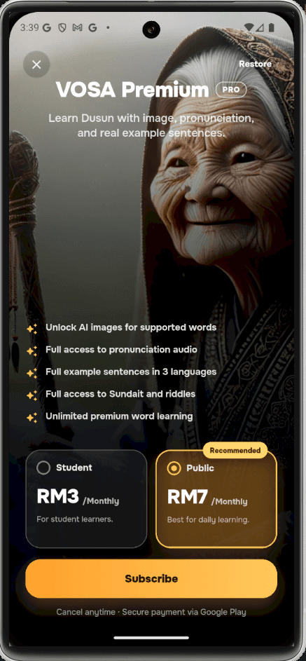 VOSA Premium subscription screen with pronunciation and AI image features